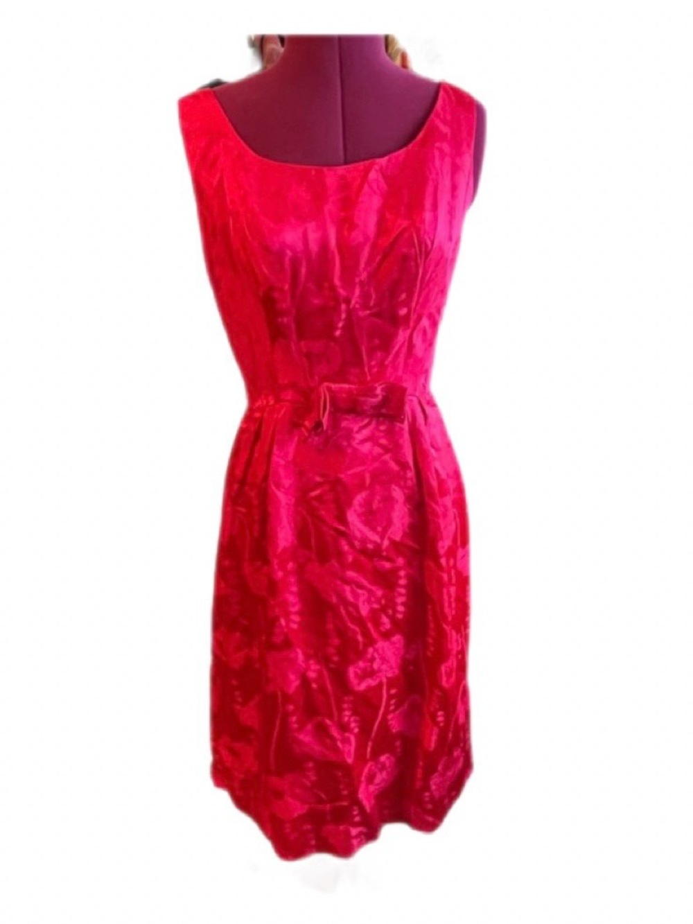 Hot pink satin floral vintage retro cocktail party dress midi pencil wiggle 50s